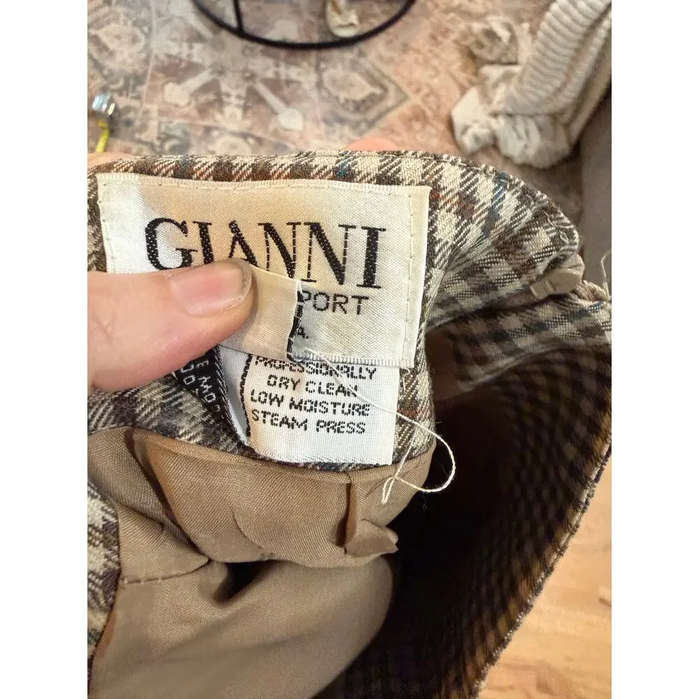 Gianni Sport Tan Multicolor Plaid Midi 100% Wool Pencil Skirt, Sz 8 - Picture 7 of 8